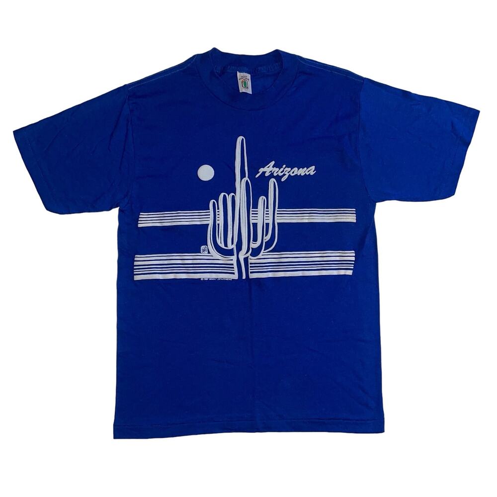 Vintage 80s Desert Sportswear Arizona Saguaro Cactus Puff Print Blue T-shirt